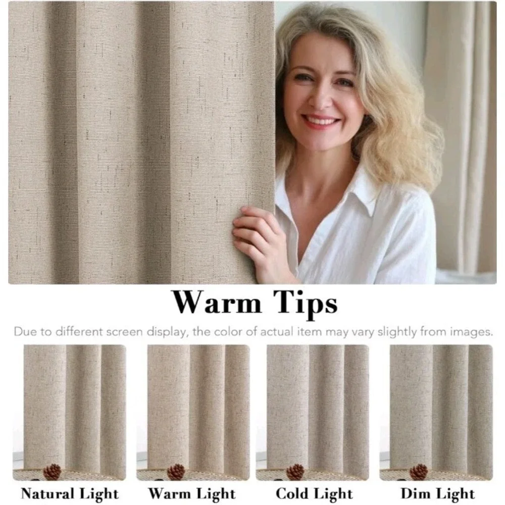 Phoenigon Faux Linen Blackout Curtains 52x72 Beige Off-White 2 Panel Set NIP